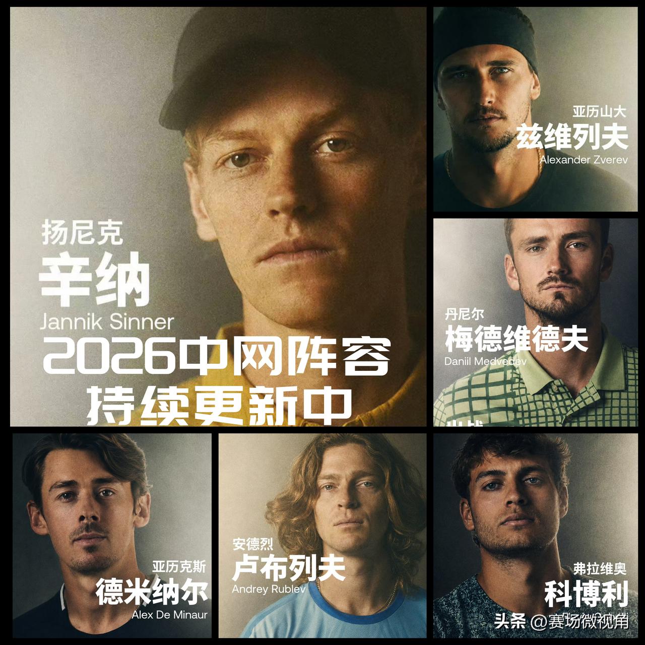 【辛纳领先，兹维列夫梅德韦德夫在列！2026中网男单阵容持续更新中！】