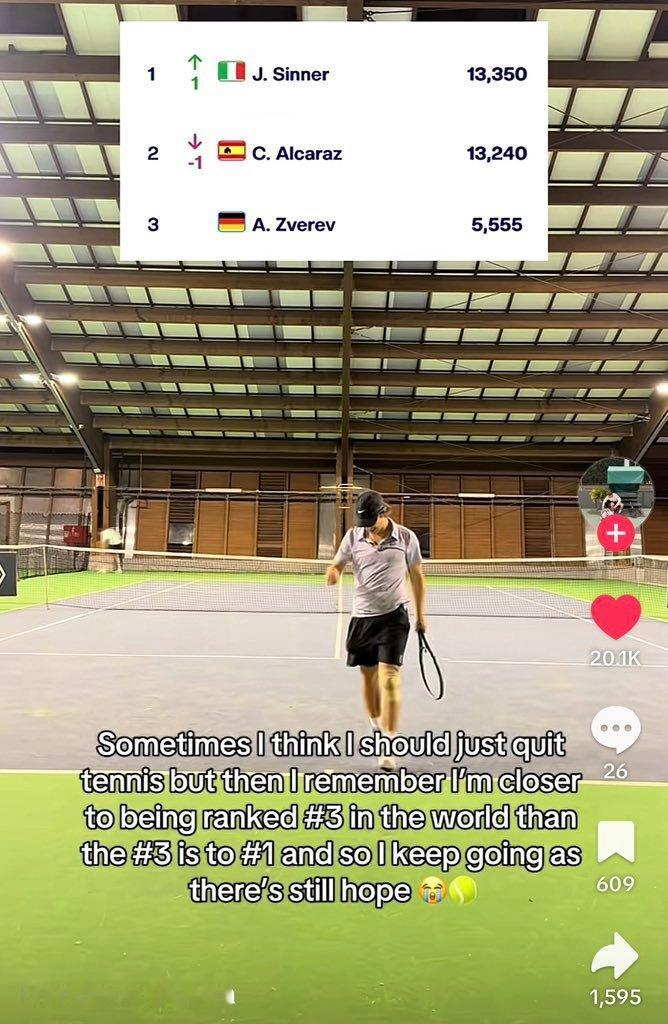 一位叫Francisco Guerra的选手在洋抖上说：“有时候我想干脆放弃网球