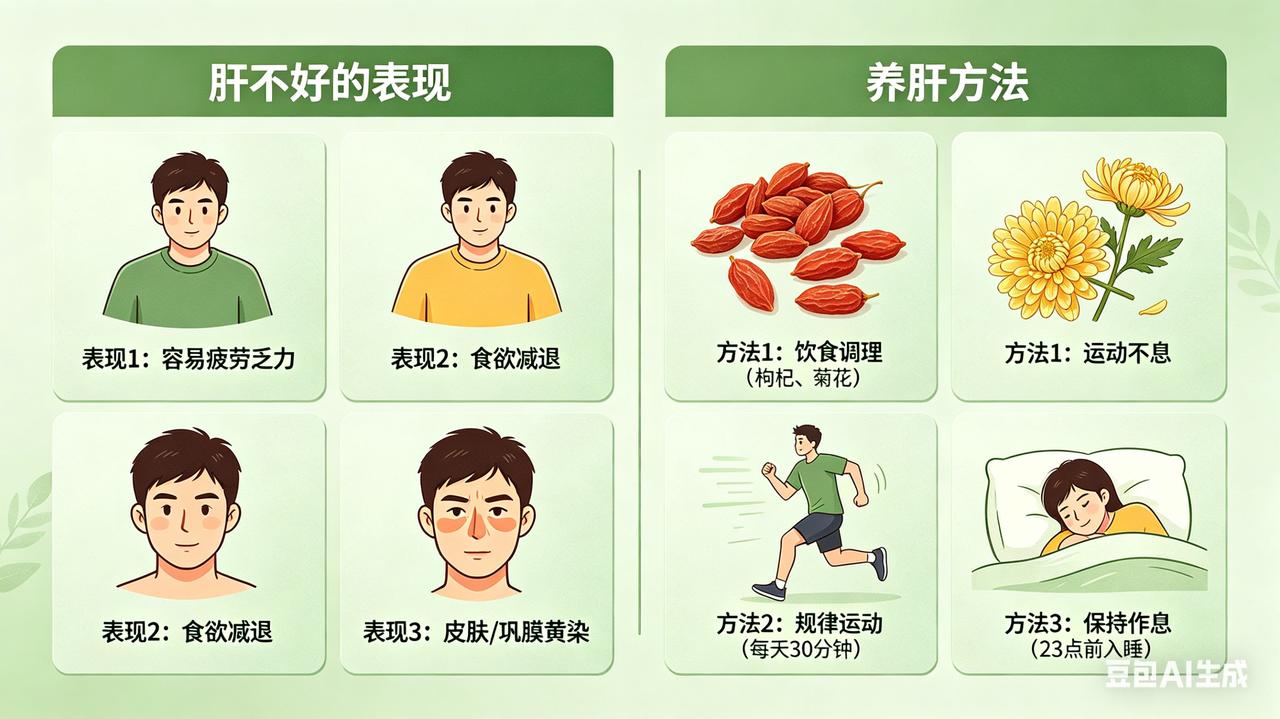 肝不好的表现，该如何养肝？
肝不好，身体会发出哪些信号？
早晨起床口苦口干、眼睛