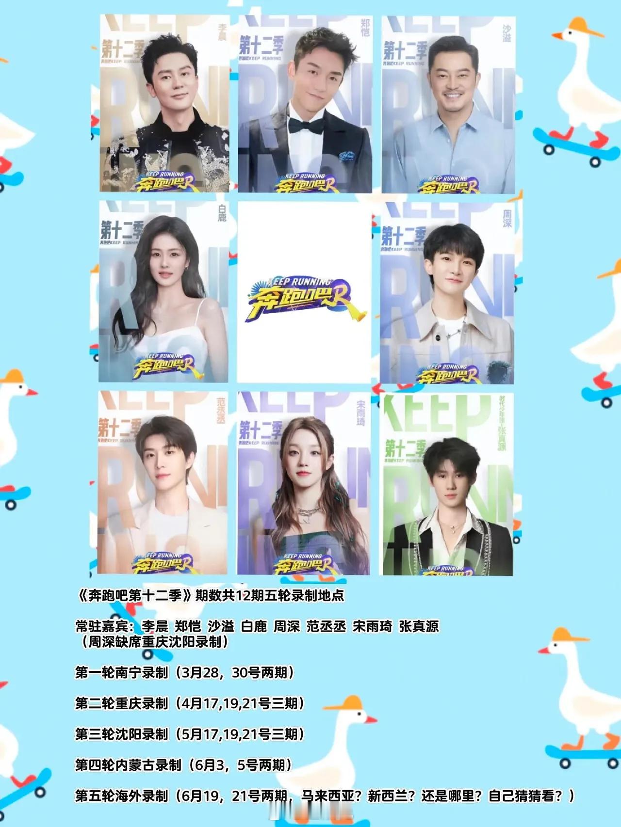 《奔跑吧第十二季》期数共12期五轮录制地点常驻嘉宾：李晨 郑恺 沙溢 白鹿 周深