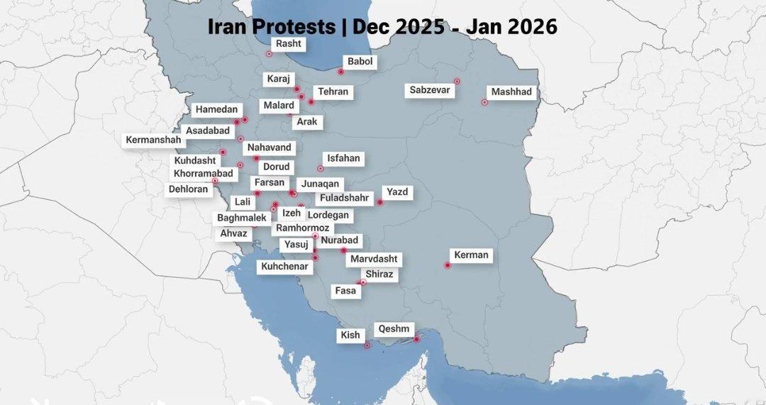 【伊朗抗议活动已蔓延至36个城市】
2025年12月29日开始的这轮伊朗抗议浪潮