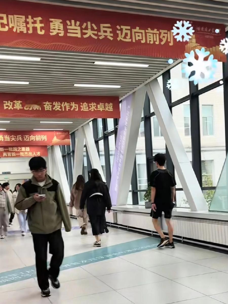 哈工大暖廊，外面天寒地冻下着雪，暖廊里学生穿着短袖、裙子，太暖和了，看哈工大校区