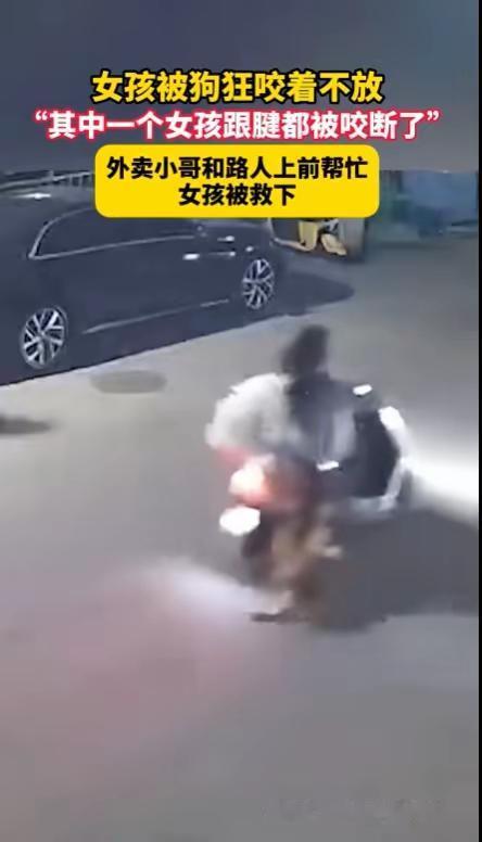 广东汕头。
两女孩骑电动车被大狗追咬，一名女孩的跟腱被咬断，外卖小哥帮忙赶走大狗