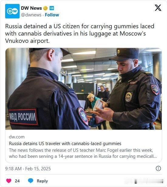 双语简讯：Russia detained a US citizen for ca