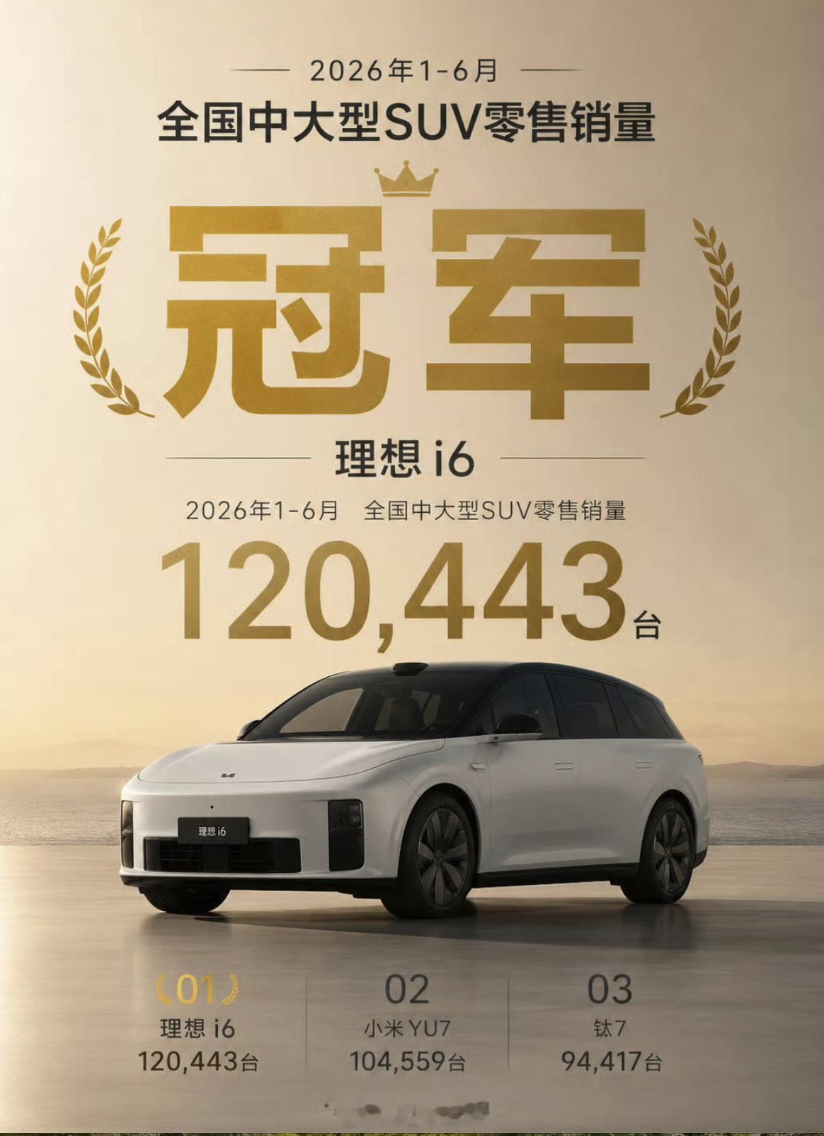 上半年全国中大型 SUV 销量冠军：理想 i6，卖了 120,443 台。在你的