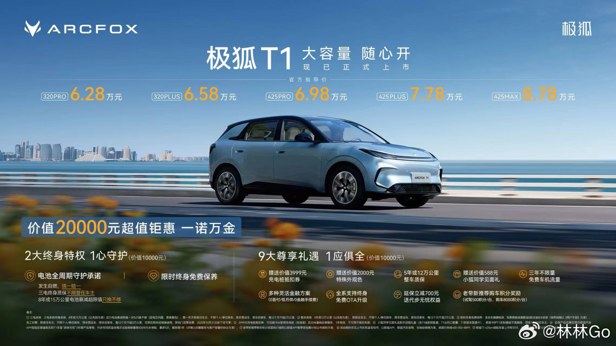 极狐T1正式上市，6.28万起！A0级纯电大容量远超同级，续航最高425km，还