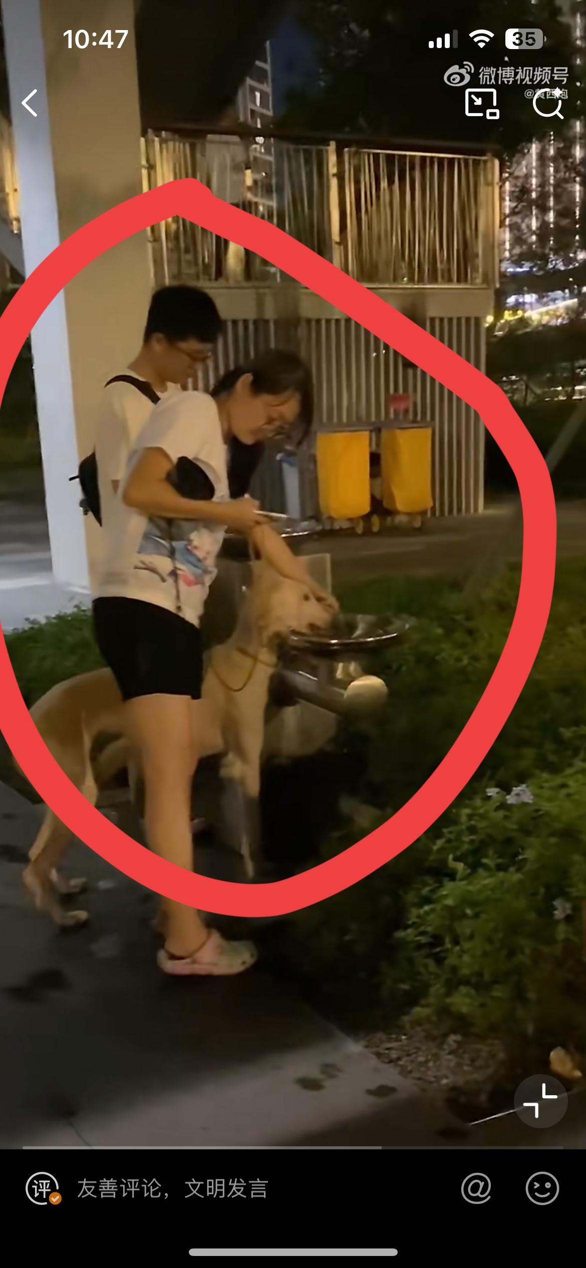 曝光这对深圳的小夫妻，直接牵狗在对着直饮水狂饮。7 月 14 日晚在深圳一公园，