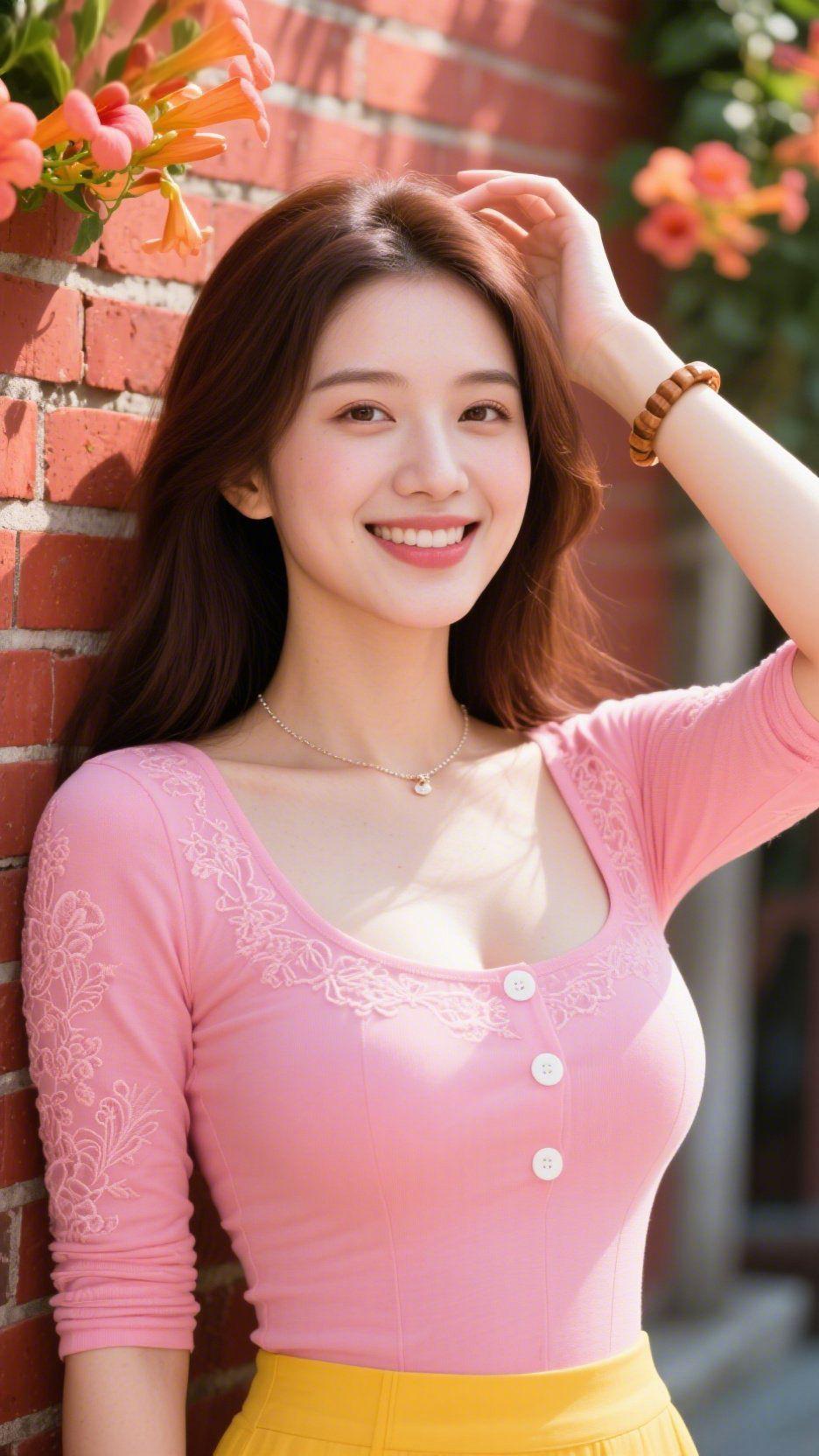 《粉衫里的夏风轻柔》
 
红砖墙浸在晴光里，她身上的粉衫像揉软的桃色云絮，裹着夏