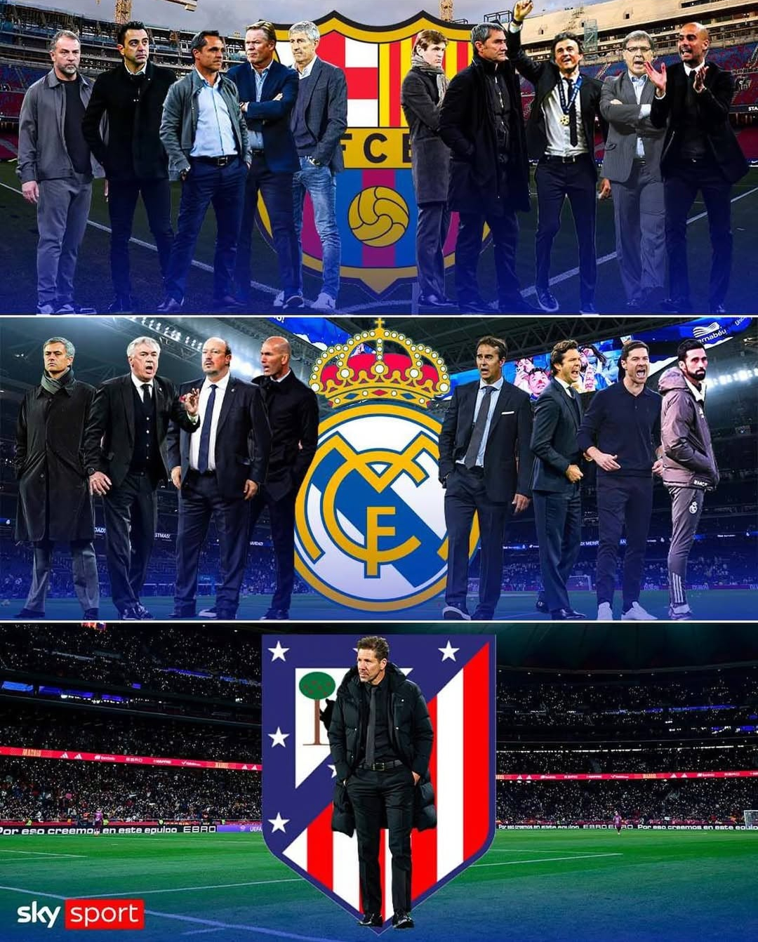 从2011年至今，西甲三强各自执教过的教练总数，分别是巴塞罗那10个、皇家马德里