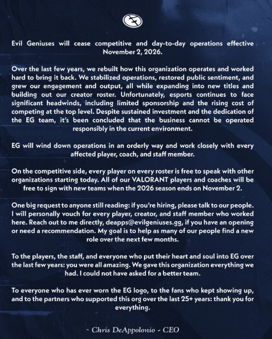EG将于2026年11月2日起停止竞争及日常运营。dota2电子竞技DOTA2[