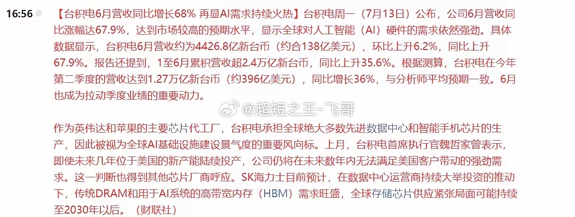 科技终于迎来了大利好，明天能否暴力修复？台积电今天公布的半年度业绩显示，公司6月