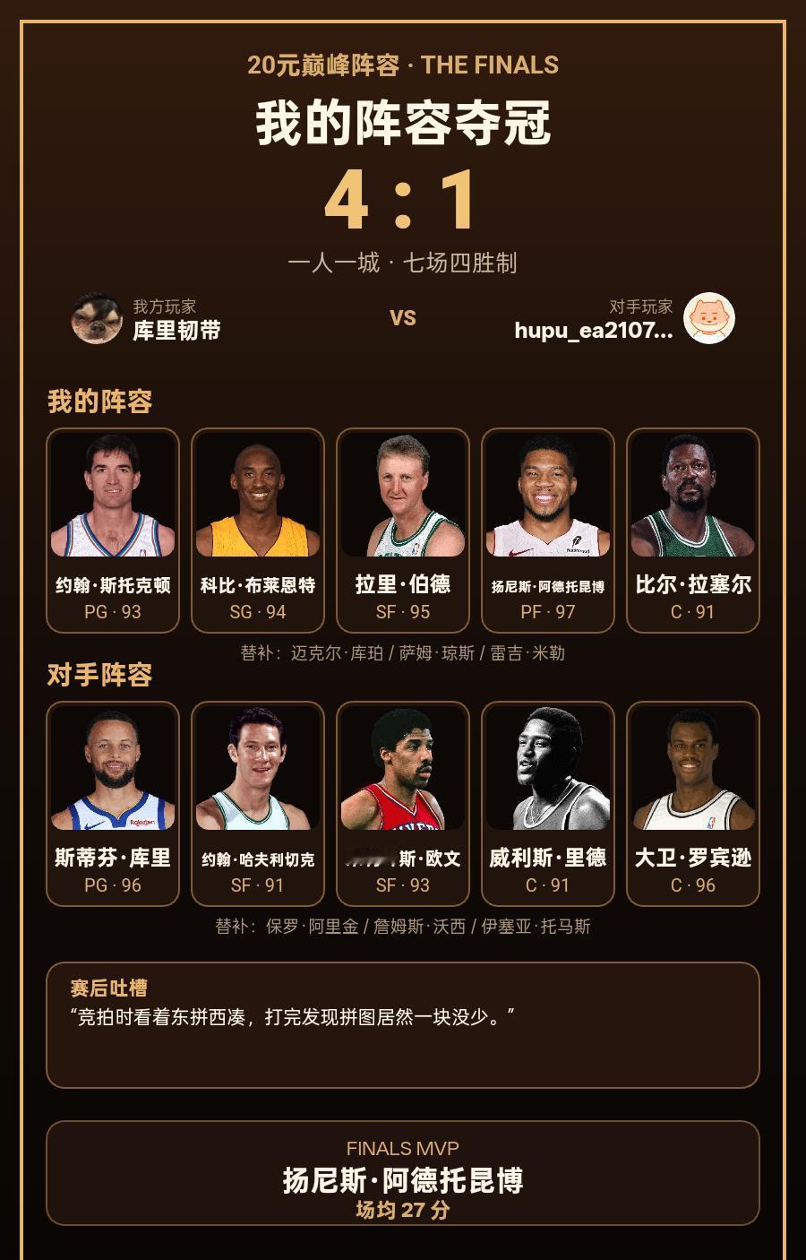 我的20元巅峰阵容｜一人一城 4 : 1
赛后吐槽：竞拍时看着东拼西凑，打完发现