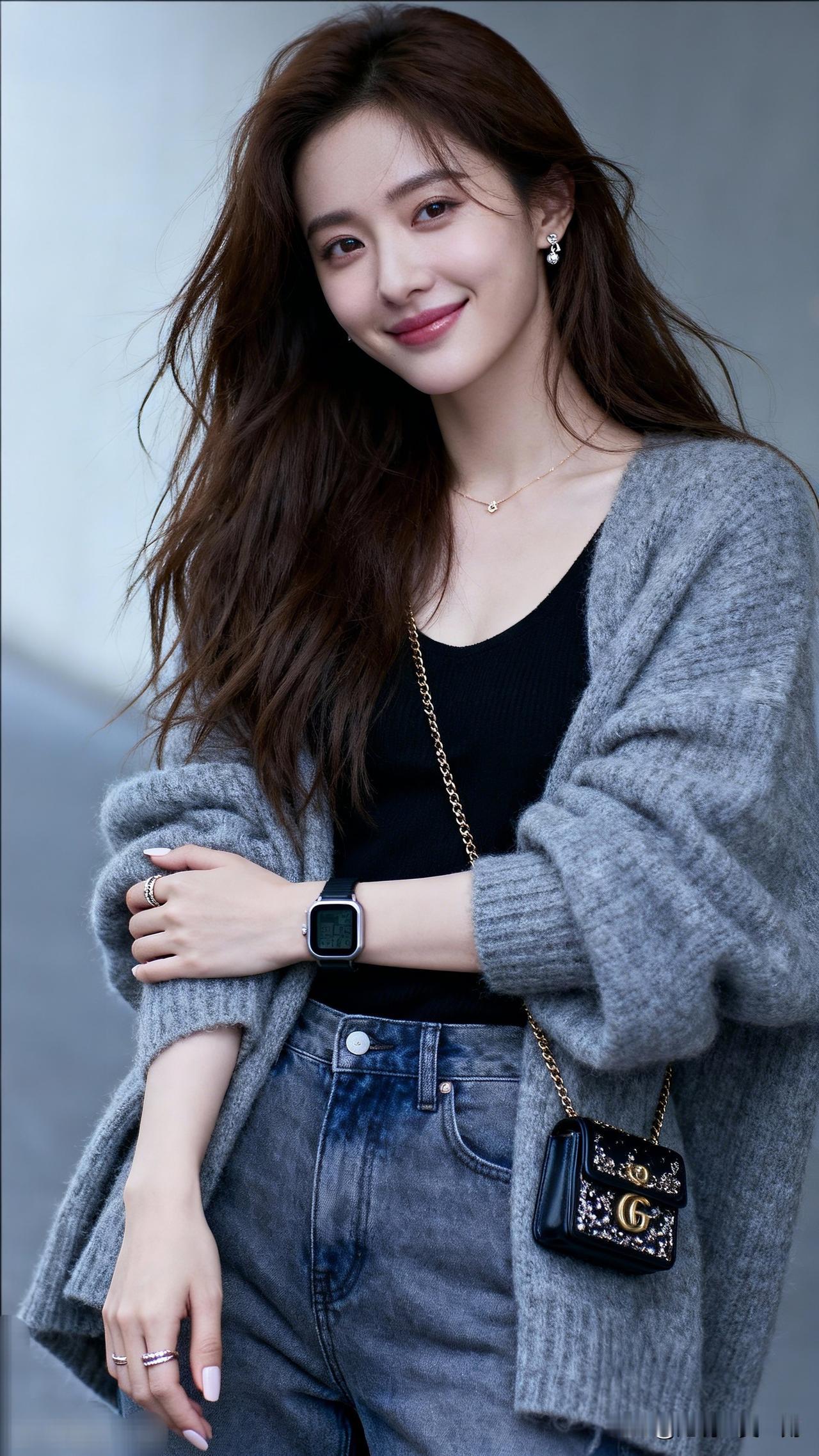 温柔甜美的日常穿搭，灰色毛衣+牛仔裤，搭配小包包，轻松出街！💕你见过最漂亮的女