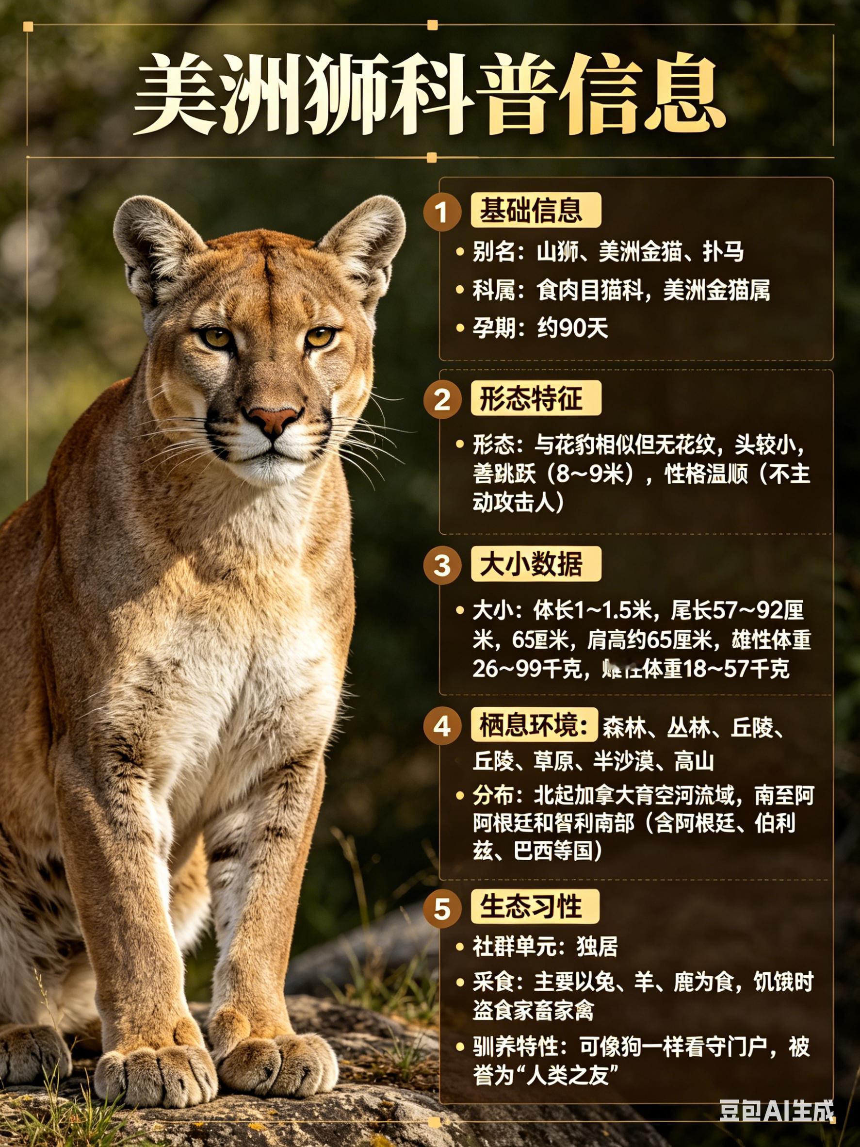 奇妙生物圈 美洲狮别名：山狮、美洲金猫、扑马科属：食肉目猫科，美洲金猫属孕期：约
