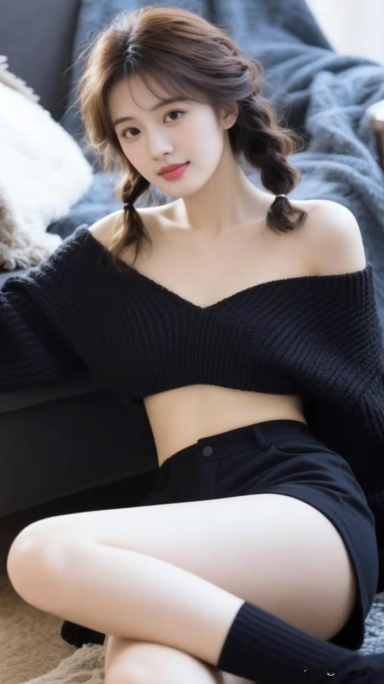 甜美少女风，黑色毛衣搭配高腰短裤，轻松自在，散发迷人魅力！💖✨浅蓝色毛衣穿搭 