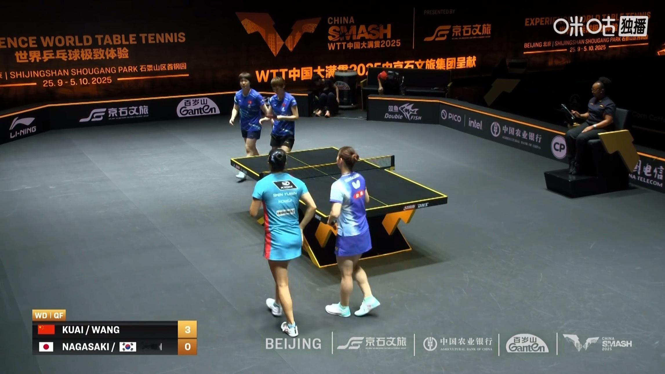 王曼昱/蒯曼3比0长崎美柚/申裕斌(11-7，11-6，11-3)晋级女双四强W