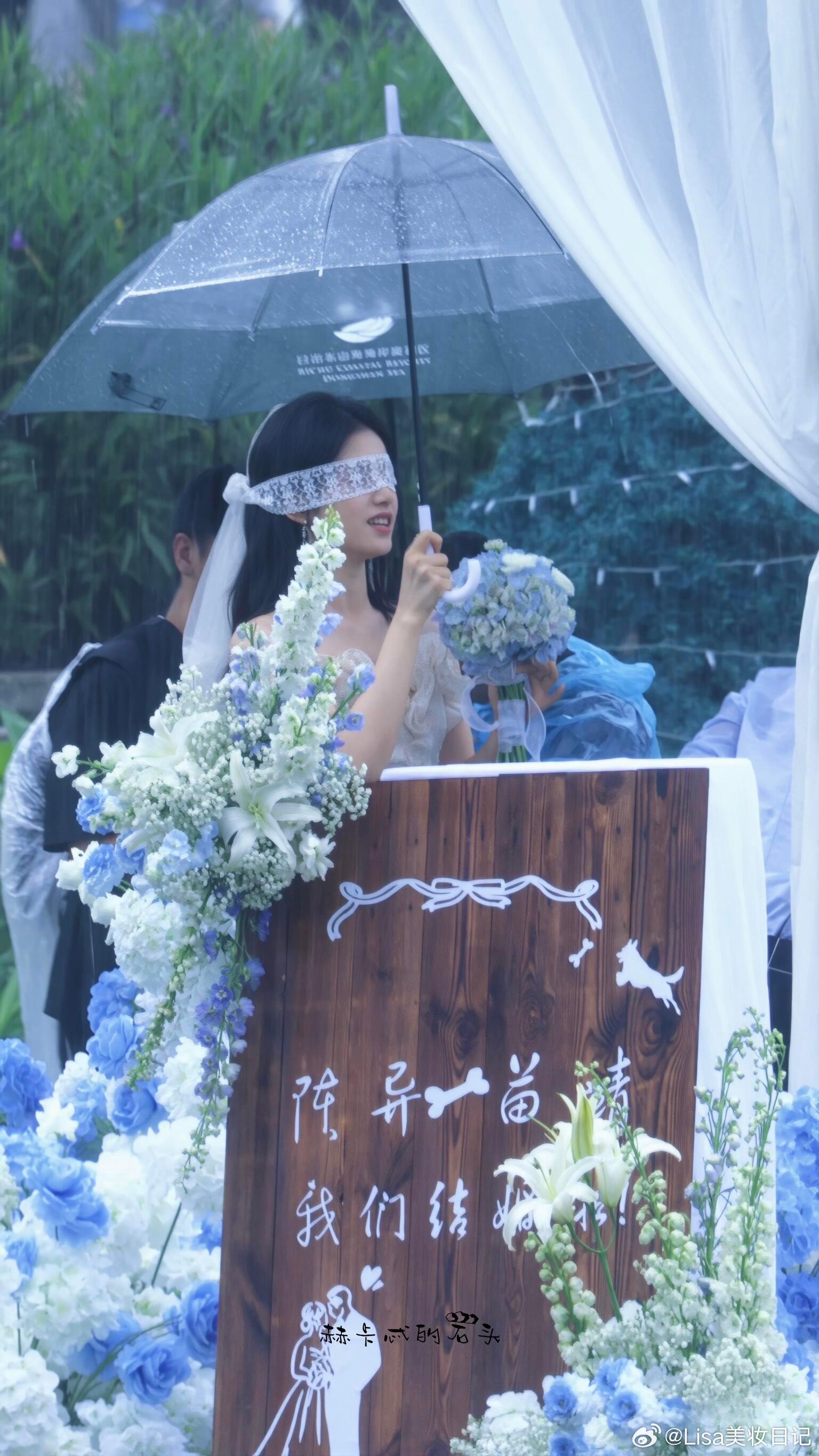 野狗骨头番外雨中婚礼 蓝白鲜花铺满场地，雨水落在花瓣上，陈异和苗婧交换戒指的时候