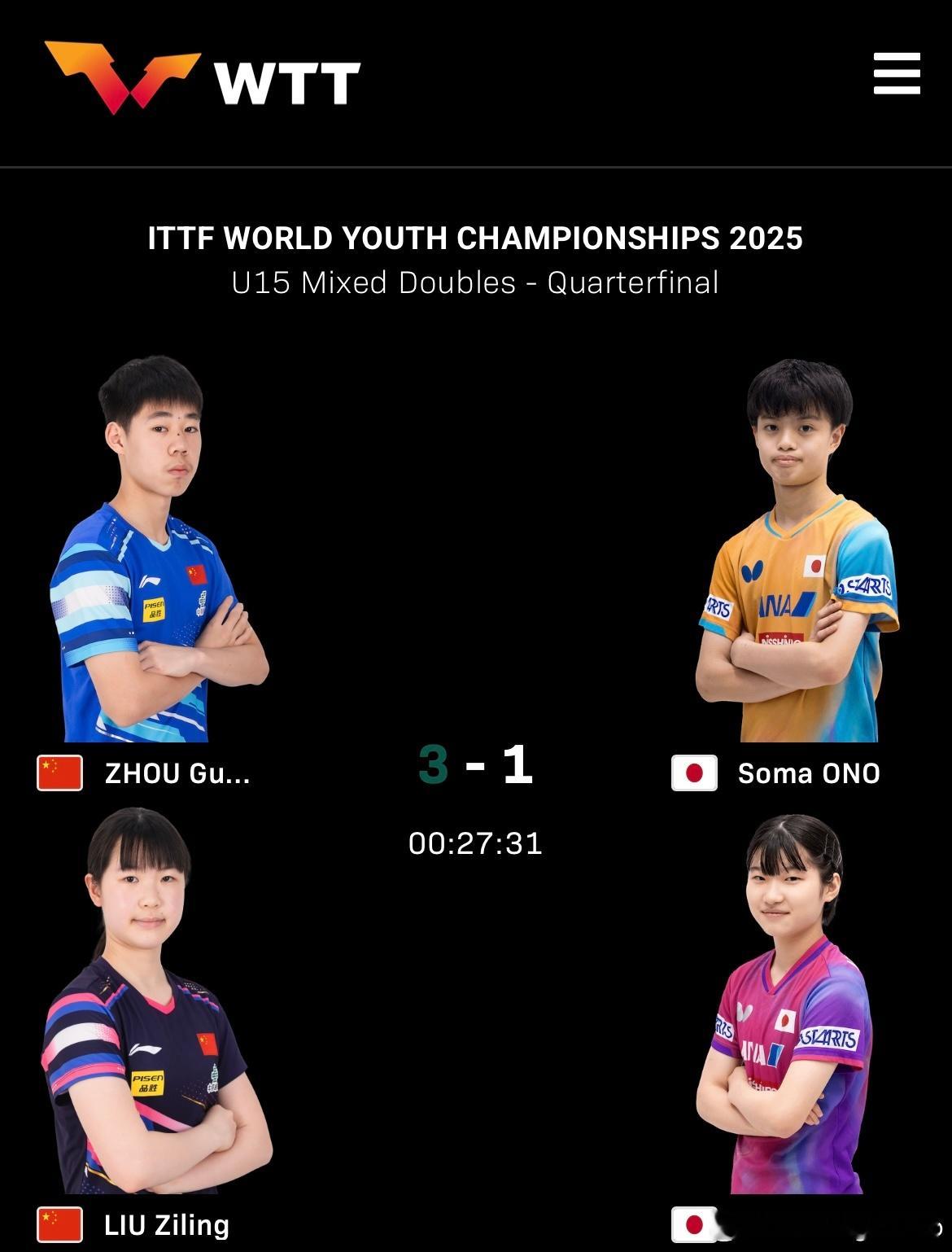 2025年国际乒联世青赛 U15混双1/4决赛🇨🇳刘子菱/周冠宏3比1村松心