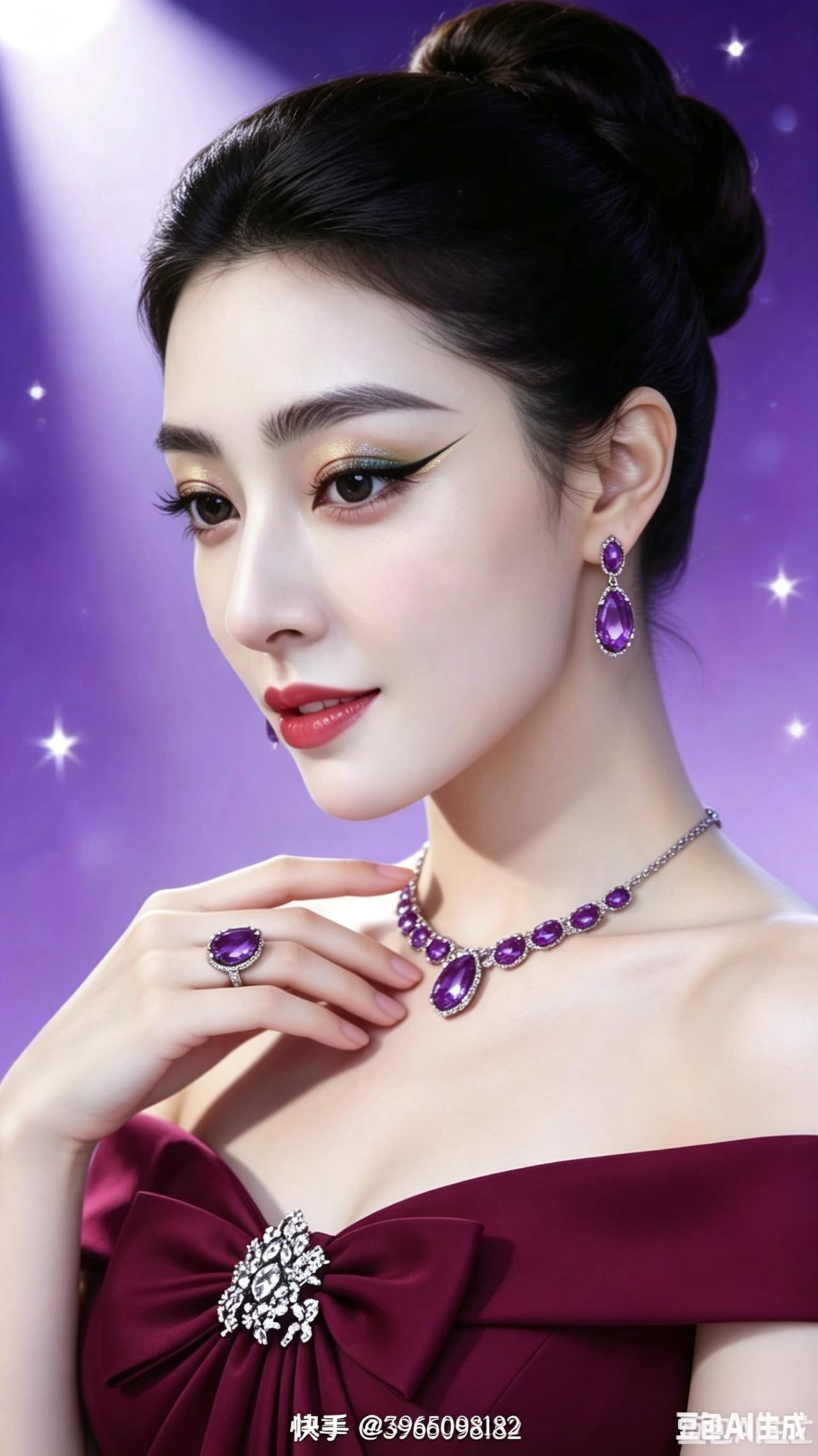佳人双韵
其一
酒红柔婉笑嫣然，乌发轻垂映玉颜。
晶饰襟前增雅趣，清风徐拂韵姿娴