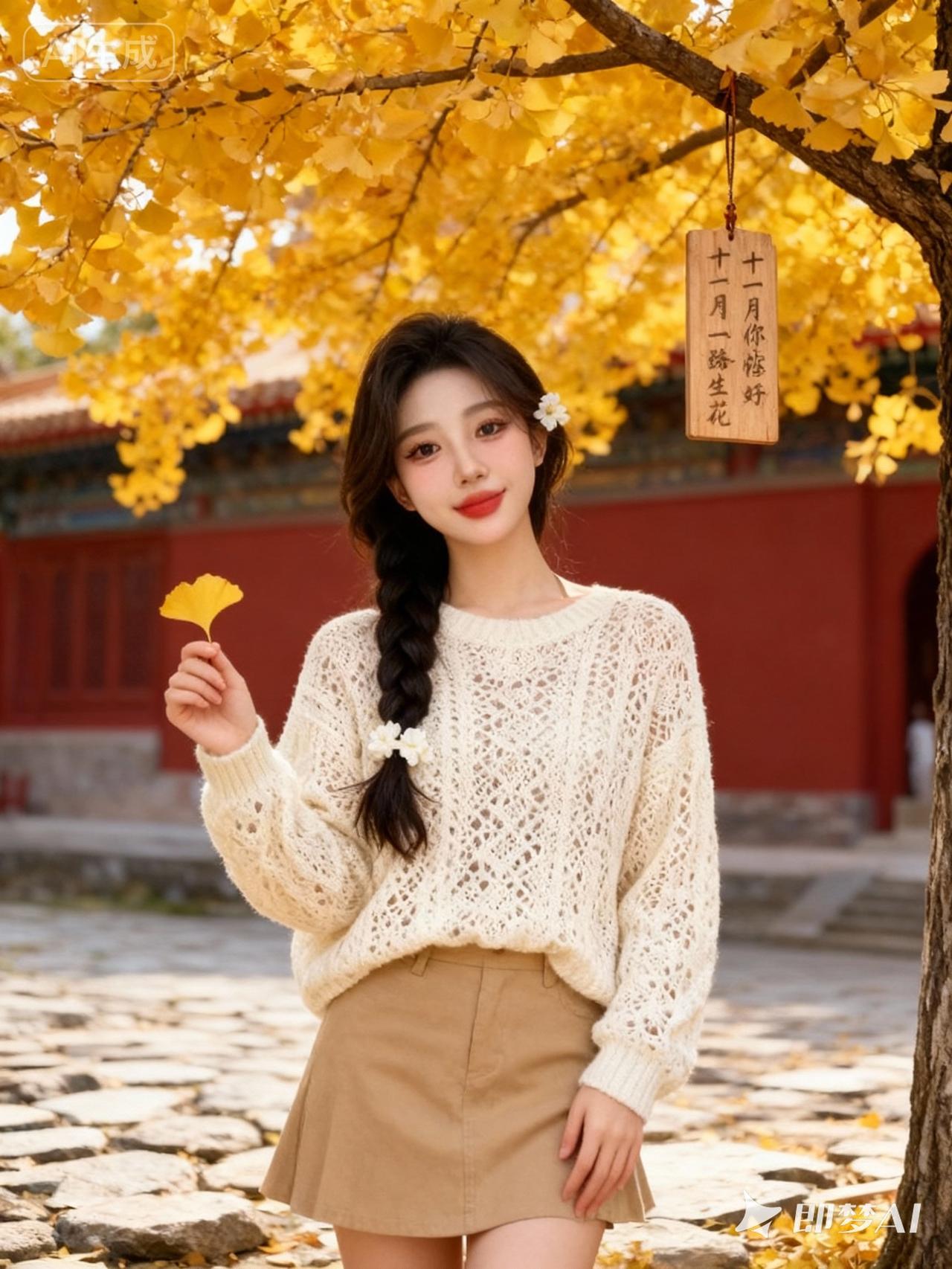 一位年轻女性妆容清新自然，淡红唇明亮，眼妆精致，长发编成单侧麻花辫并点缀白色花饰