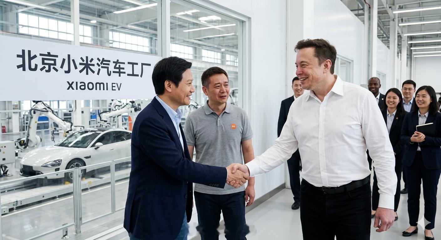 马斯克一行人兴高采烈地来到北京小米工厂迎面走来的是小米汽车创始人、CEO雷军，马