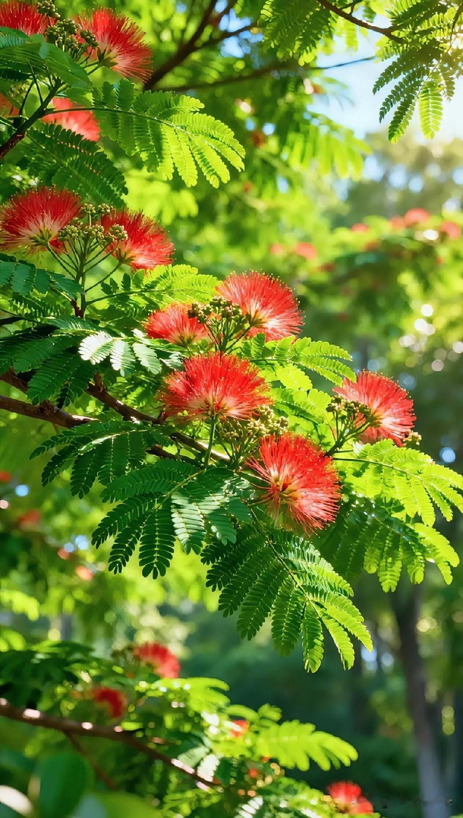 盛夏时节，合欢花簌簌绽放，粉绒花穗随风轻晃，温柔的氛围感缓缓包裹周身，仿佛把独属