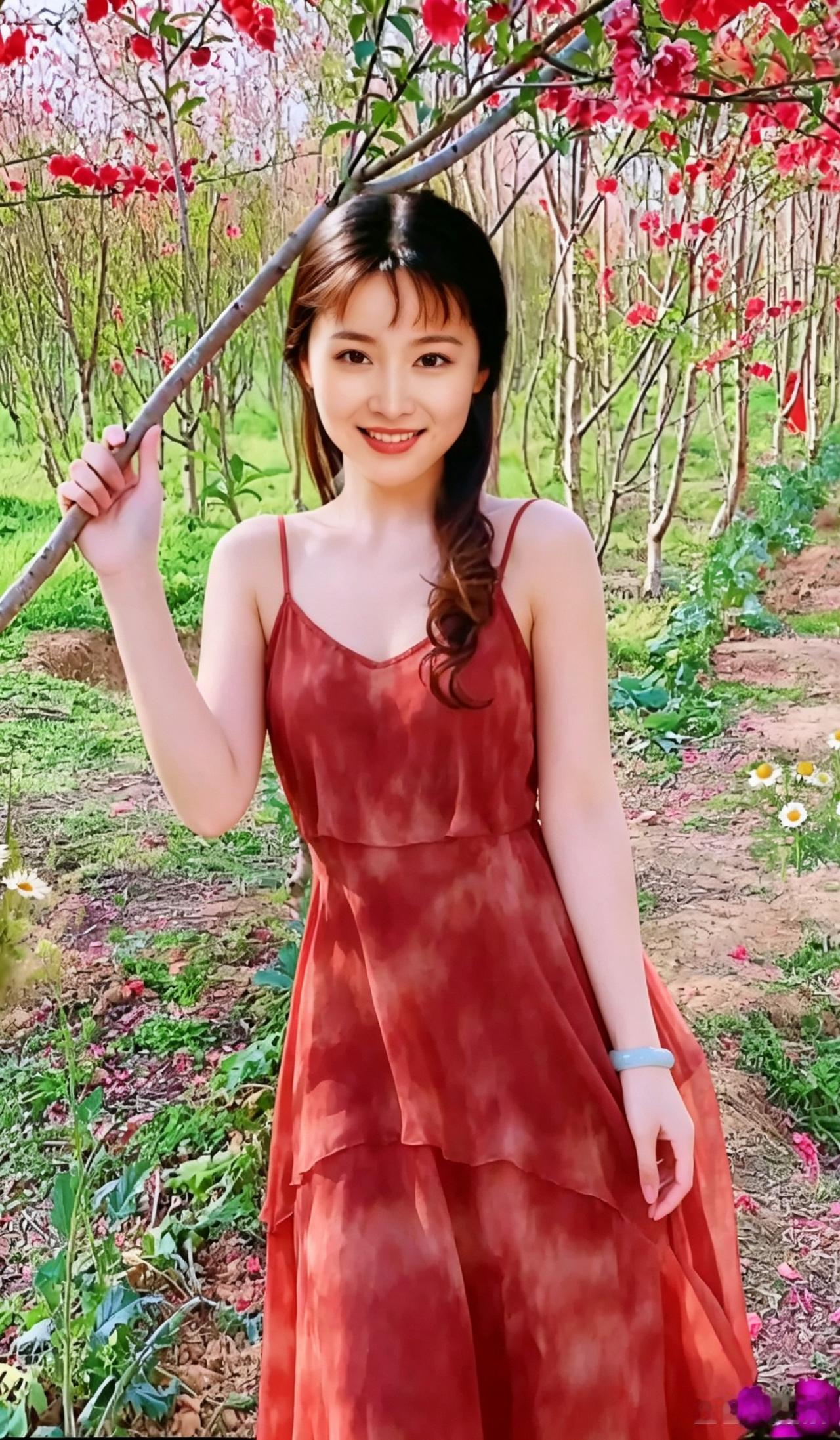 红衣映花枝，笑语入春风。