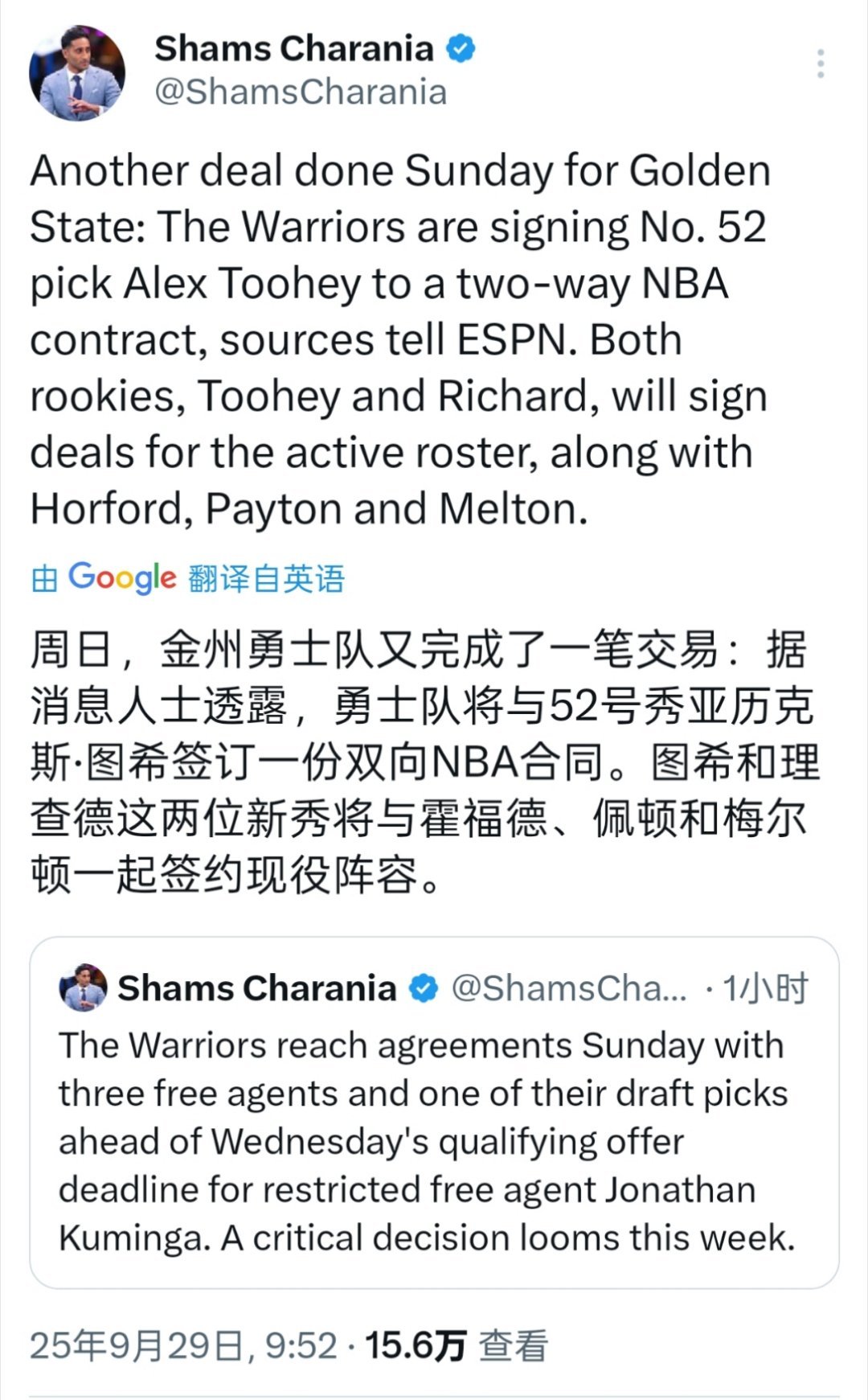 Shams:勇士签下52号新秀，一份双向合同霍福德+梅尔顿+小佩顿+52号秀+5