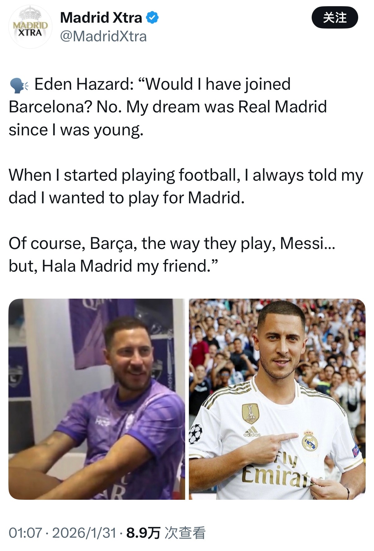 🇧🇪阿扎尔：“我会加盟巴塞罗那吗？不会。我从小就梦想加入皇家马德里。我开始踢