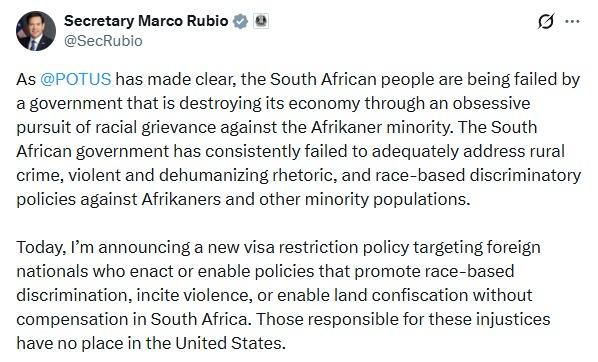 🇺🇲🇿🇦 卢比奥表示，种族不满情绪正在推动南非对阿非利卡人（Afrika