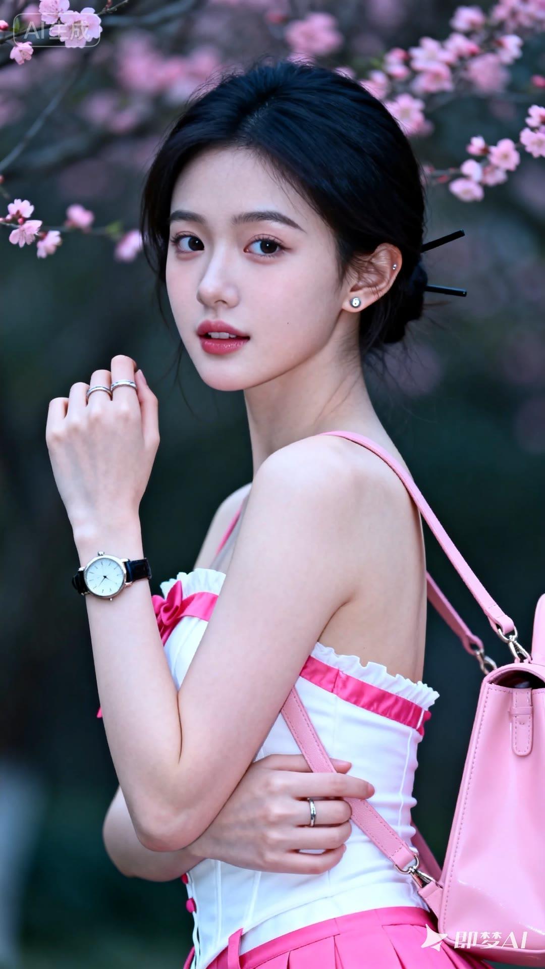 樱花树下，少女甜美侧颜，粉色裙摆飘逸，春日气息扑面而来。🌸💕