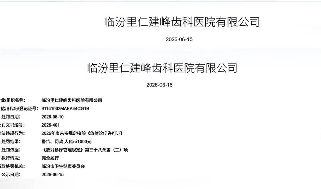 临汾里仁建峰齿科医院有限公司被罚1000元