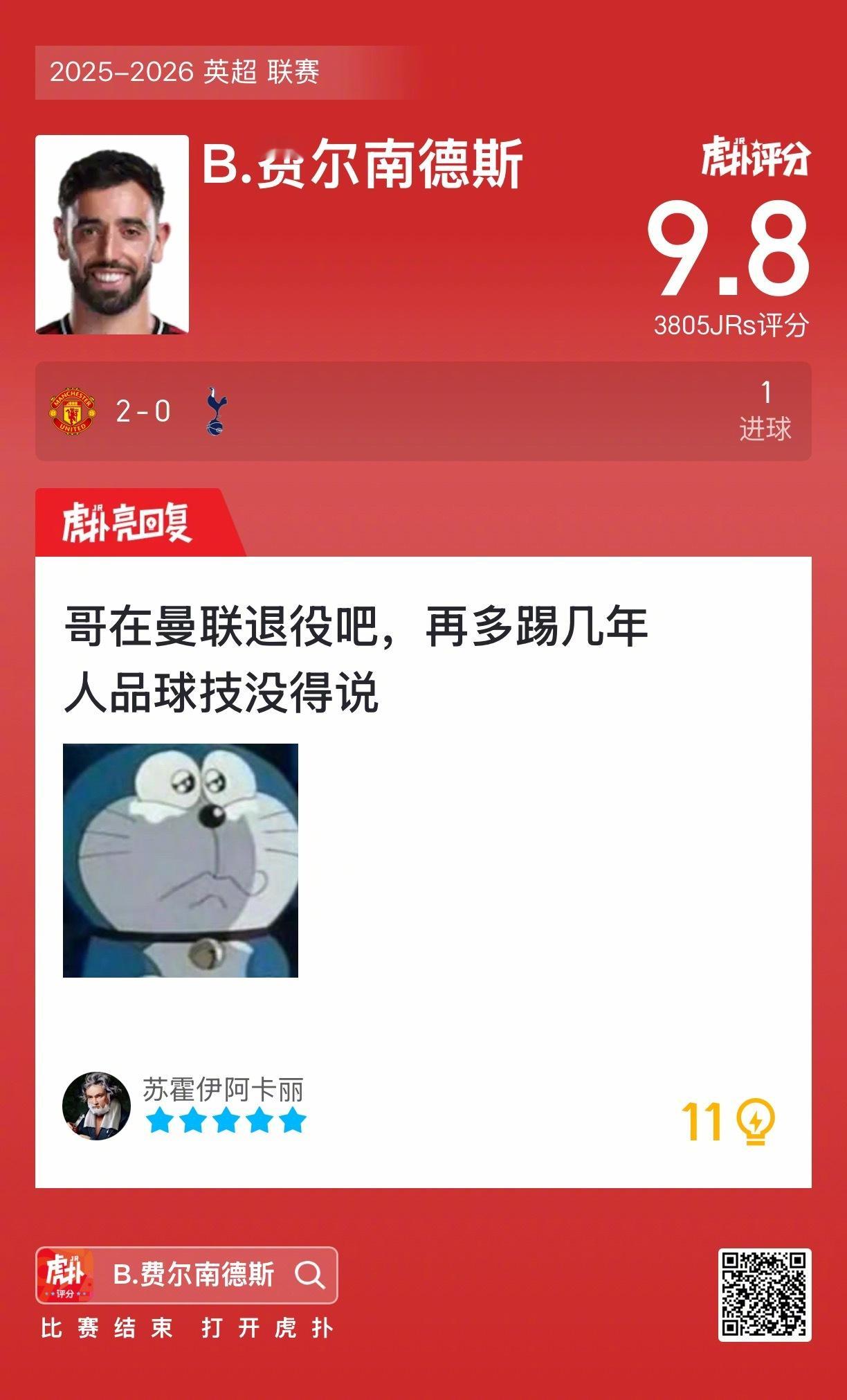 曼联2比0热刺B费赛后收获9.8的虎扑评分！ 