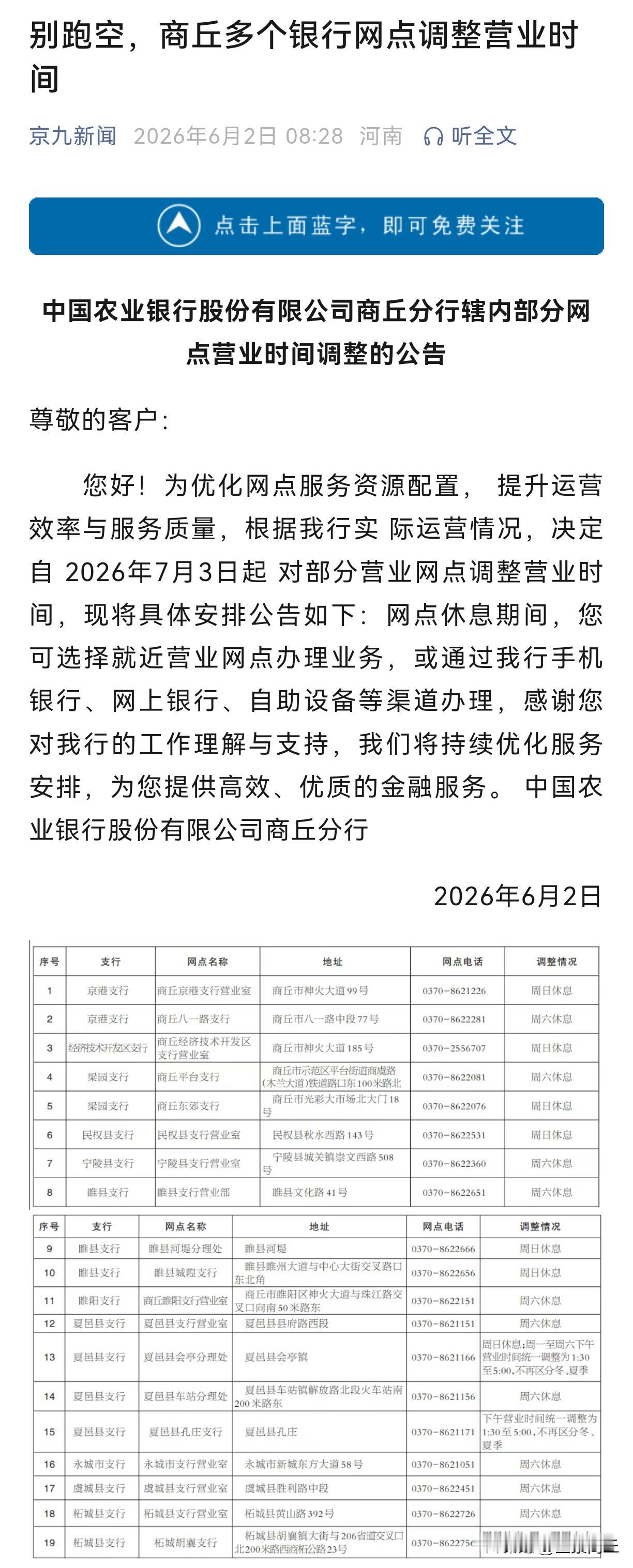 【别跑空，商丘多个银行网点调整营业时间】尊敬的客户：您好！为优化网点服务资源配置