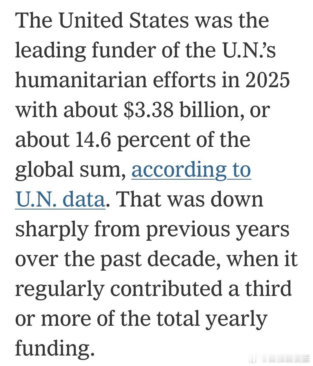 2025年，美国向联合国人道主义援助项目，共注资$33.8亿，占全球总捐款额的1