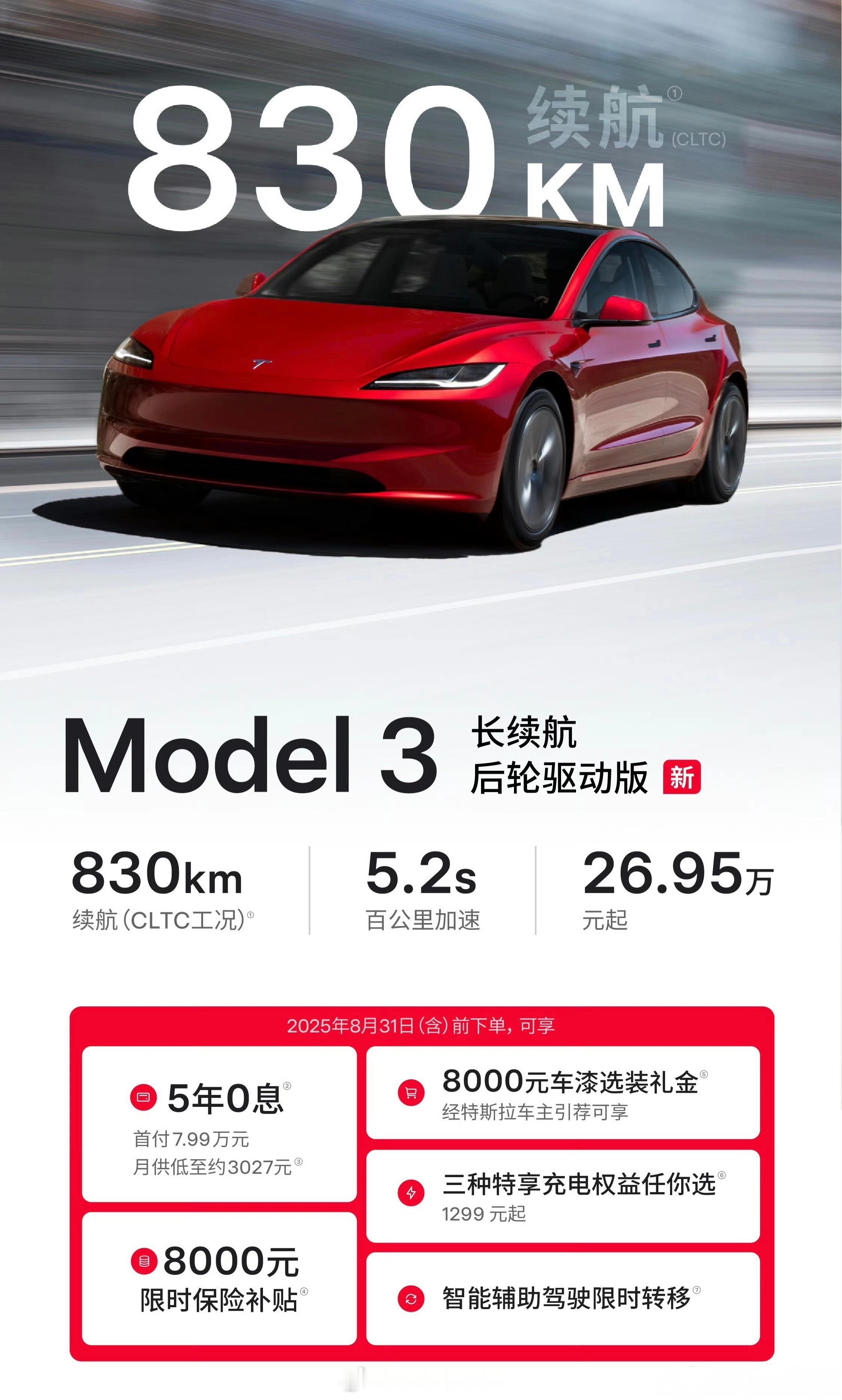 Model 3 后驱长续航来了，CLTC续航830km，百公里加速5.2秒，售价