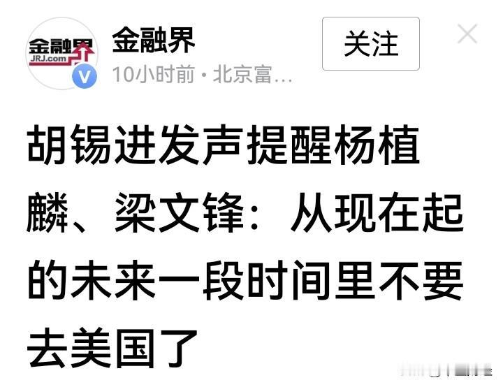 【胡锡进的提醒】刚才看到一则新闻，新闻的主题围绕胡锡进先生的一个观点：提醒杨植麟