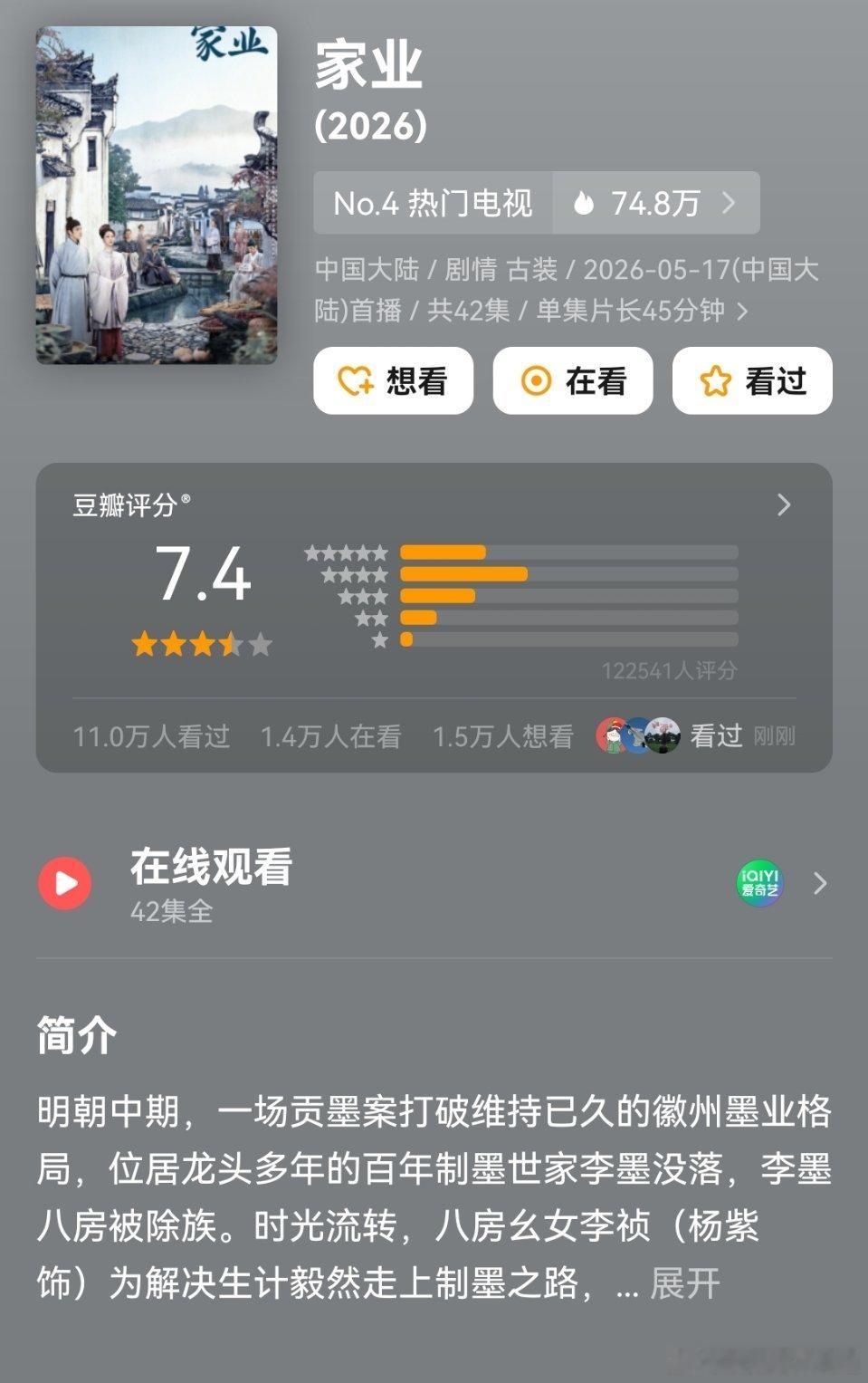 家业 家业豆瓣开分7.4分，虽然这个分远低于剧粉心中真实的评分，但是开分就是12