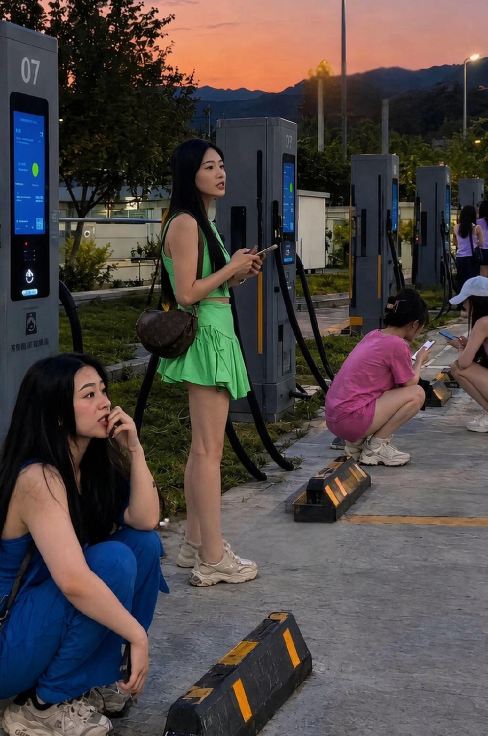 这些漂亮小姐姐在充电桩旁干嘛？
又没看到给电车充电！
有知道的可以说说！