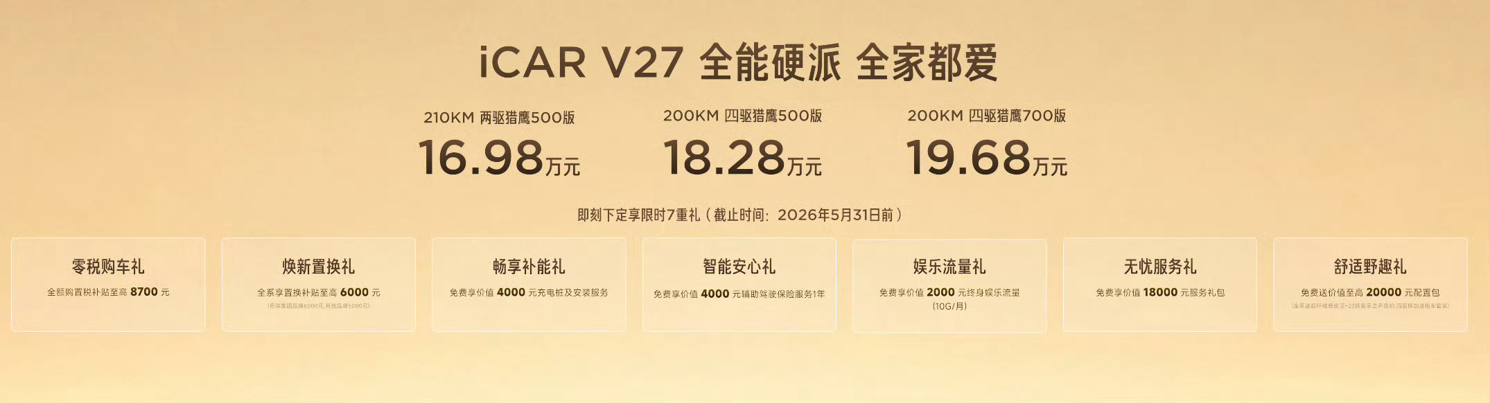 iCAR V27总算上市了，等了挺久的，这款车最戳我的点就是把硬派和家用结合得挺