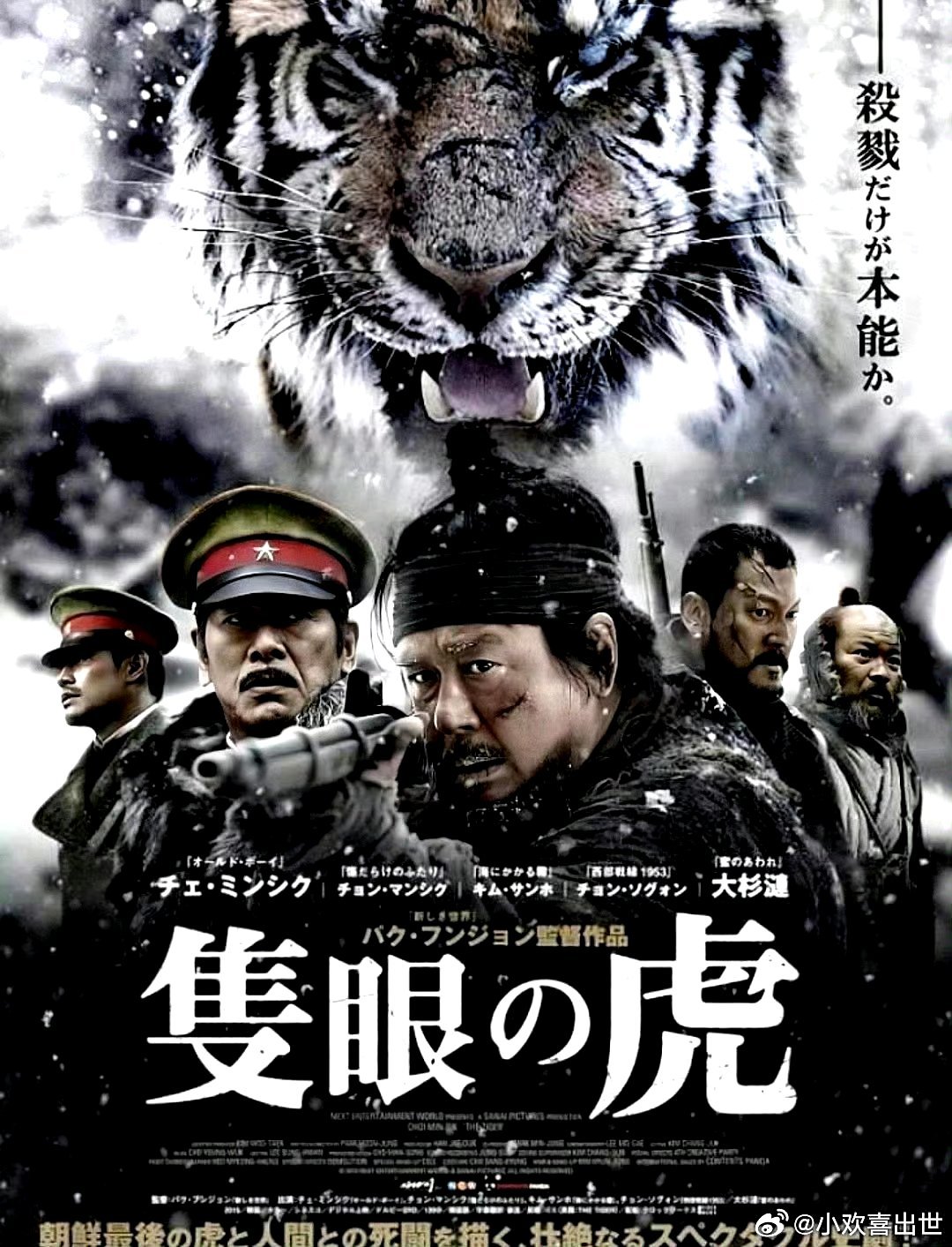电影海报：崔岷植，郑满植，金相镐，罗美兰，郑锡元，大杉涟，李娜拉主演《大虎》。朴