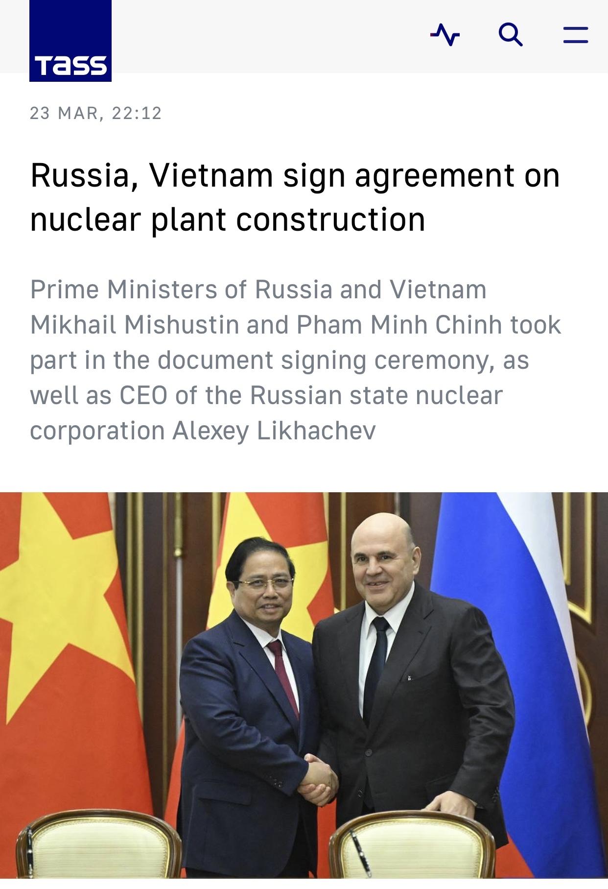 塔斯社：俄罗斯与越南签署核电站建设协议

塔斯社莫斯科3月23日电：俄罗斯与越南