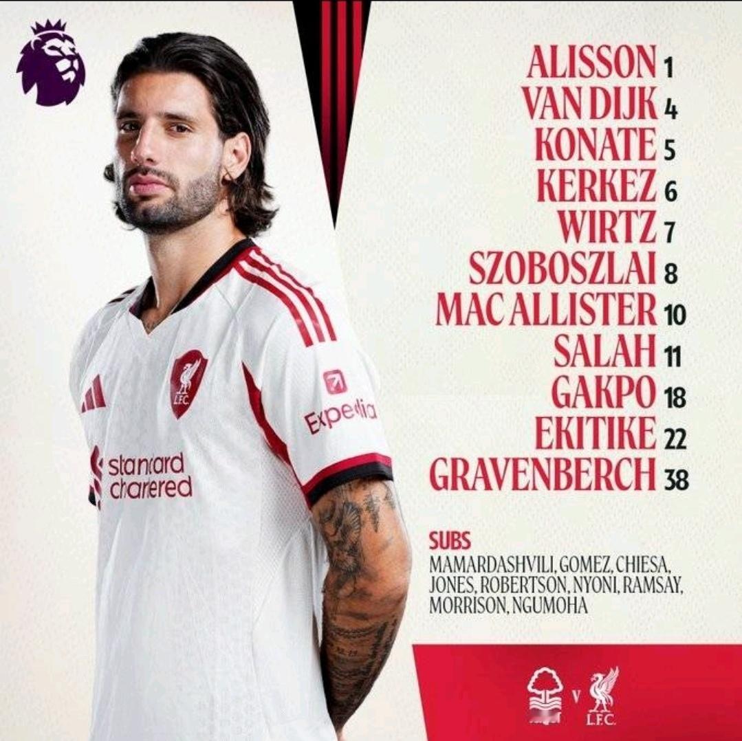 利物浦首发：1-阿利松、4-范戴克、5-科纳特、6-凯尔凯兹、8-索博斯洛伊、3