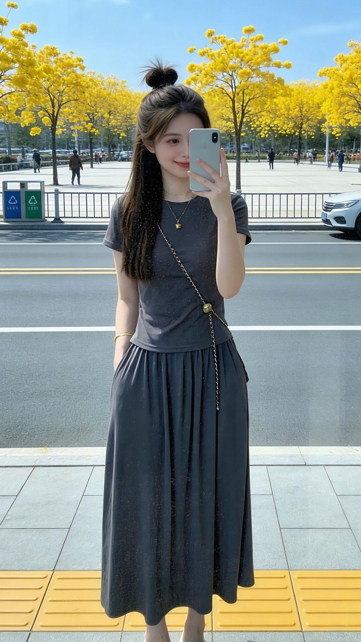 走在开满黄花风铃木的街头，这套灰调套装真的太戳我了！修身短袖藏住腰腹小肉肉，垂坠
