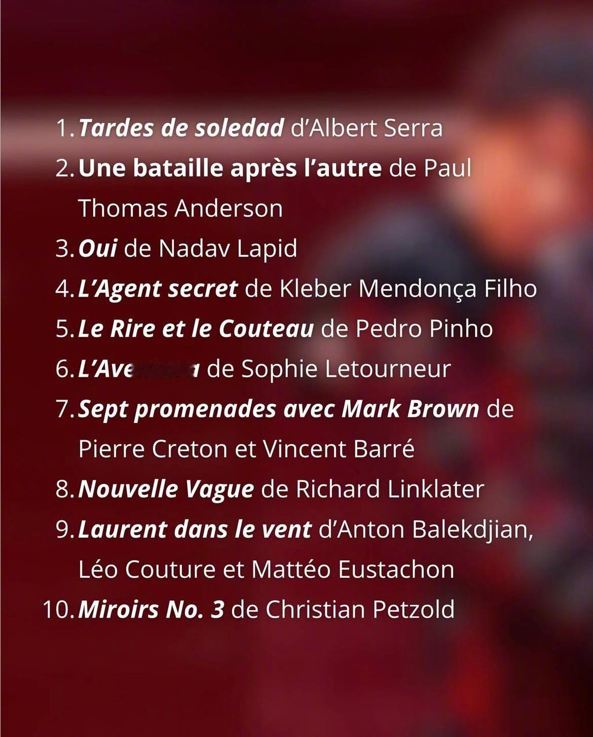 法国权威杂志《电影手册》公布2025年最佳影片Top10:1、《孤寂午后》2、《