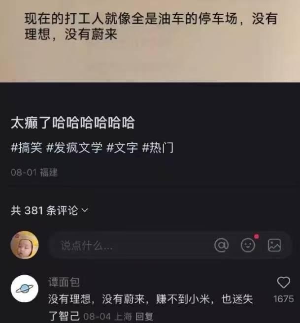 现在的打工人就像全是油车的停车场，没有理想，没有蔚来，赚不到小米，也迷失了智己…