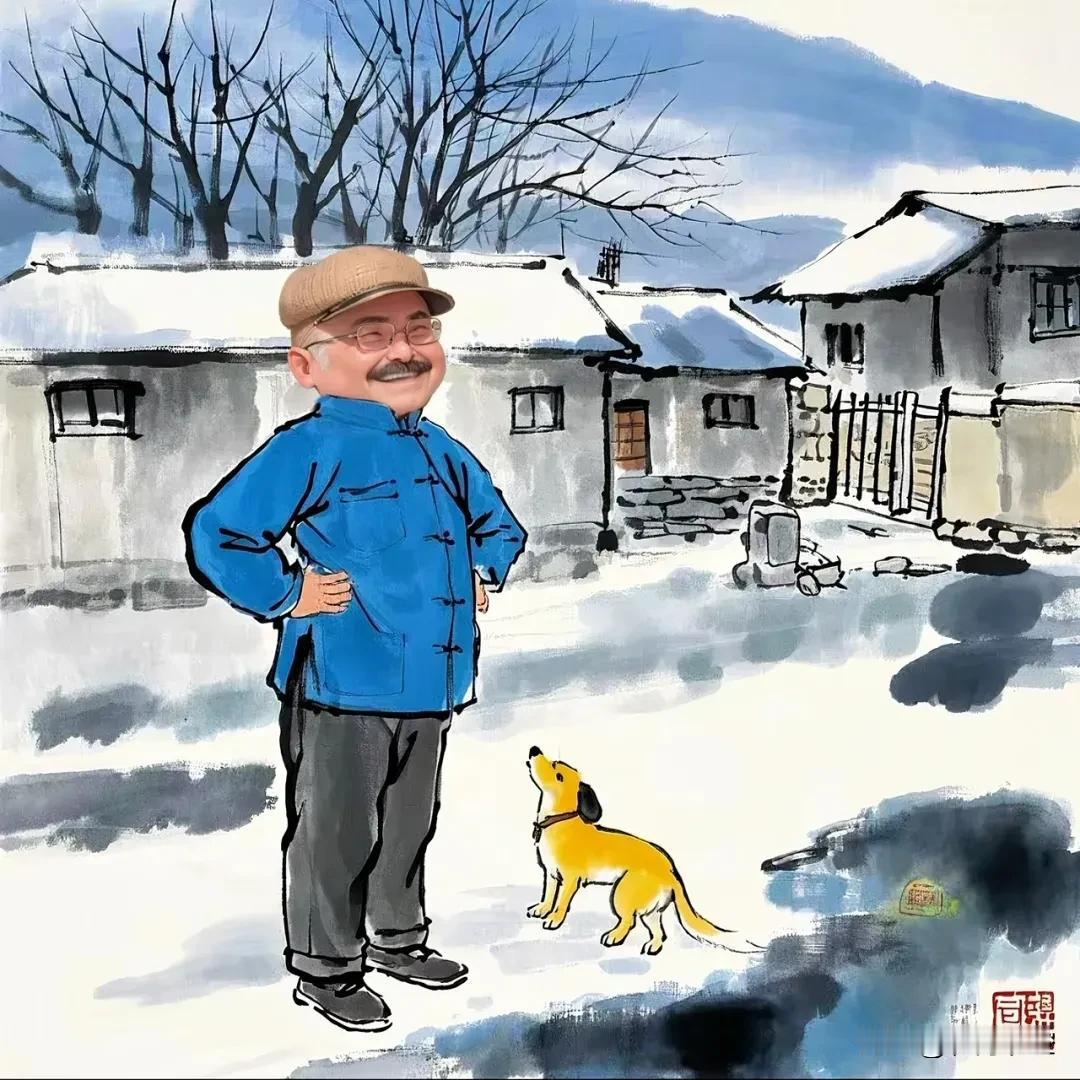 雪映茅檐日影长，
醉享暖阳沐晴光。
犬儿相伴在左右，
同賞闲云过矮墙。