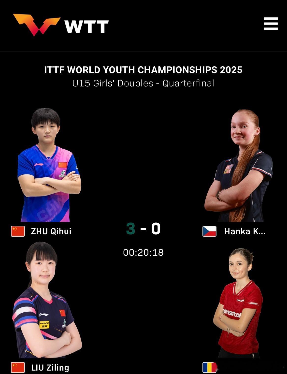 2025年国际乒联世青赛U15女双1/4决赛🇨🇳祝启慧/刘子菱3比0科德🇨