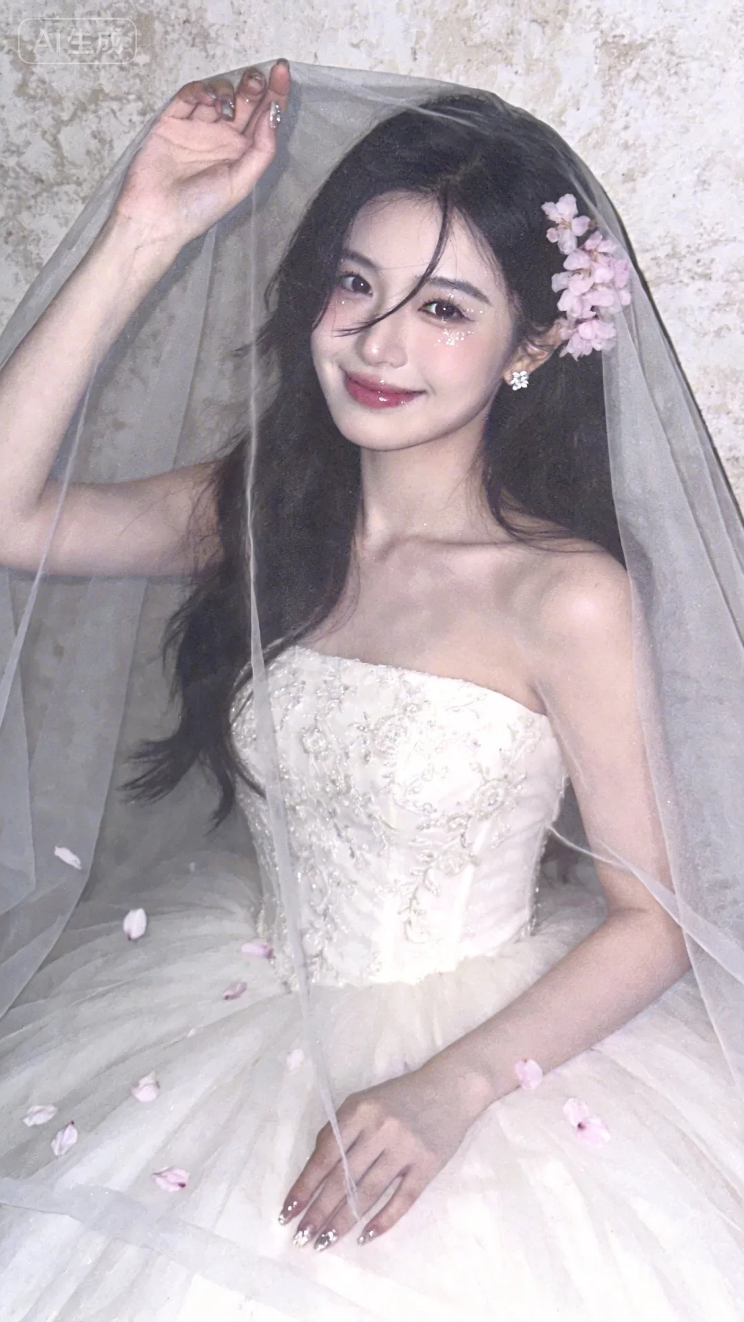 主体是超高颜值美少女，黑色柔顺长发，一缕发丝拂过脸颊，可爱，甜美微笑...