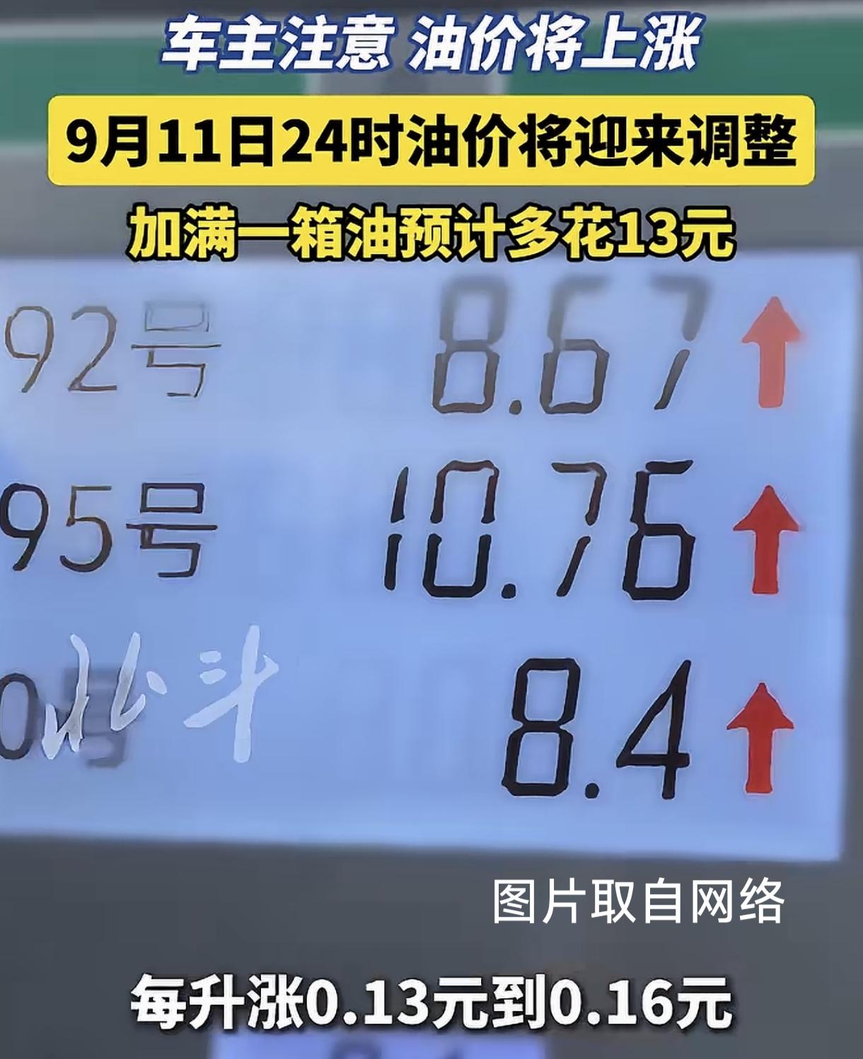 抓紧加油！9月11日油价准时涨价，车主又要多花钱了
 
广大车主务必互相转告！最